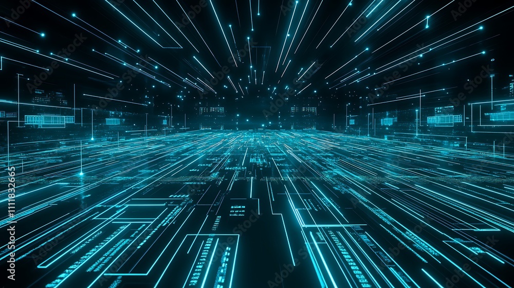 Poster futuristic abstract technology background with neon blue lines and data streams in a dynamic digital