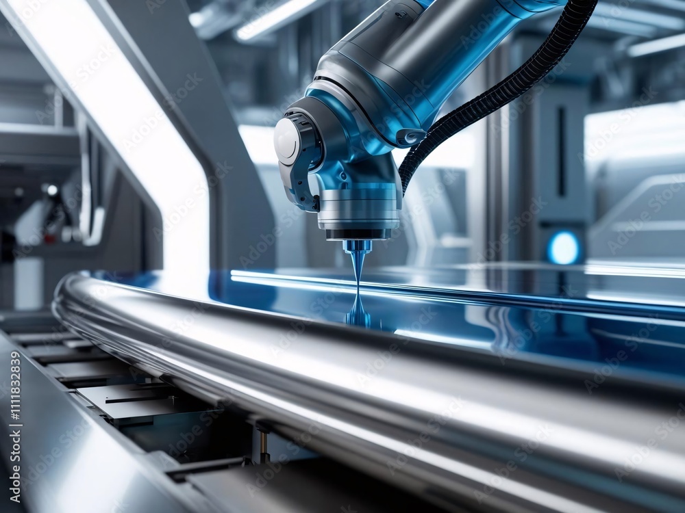 Poster a close-up view of a robotic arm working on a metallic surface in a modern industrial setting.