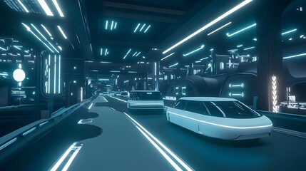 Fototapeta premium Futuristic urban scene with sleek cars and neon lighting in a high-tech environment.