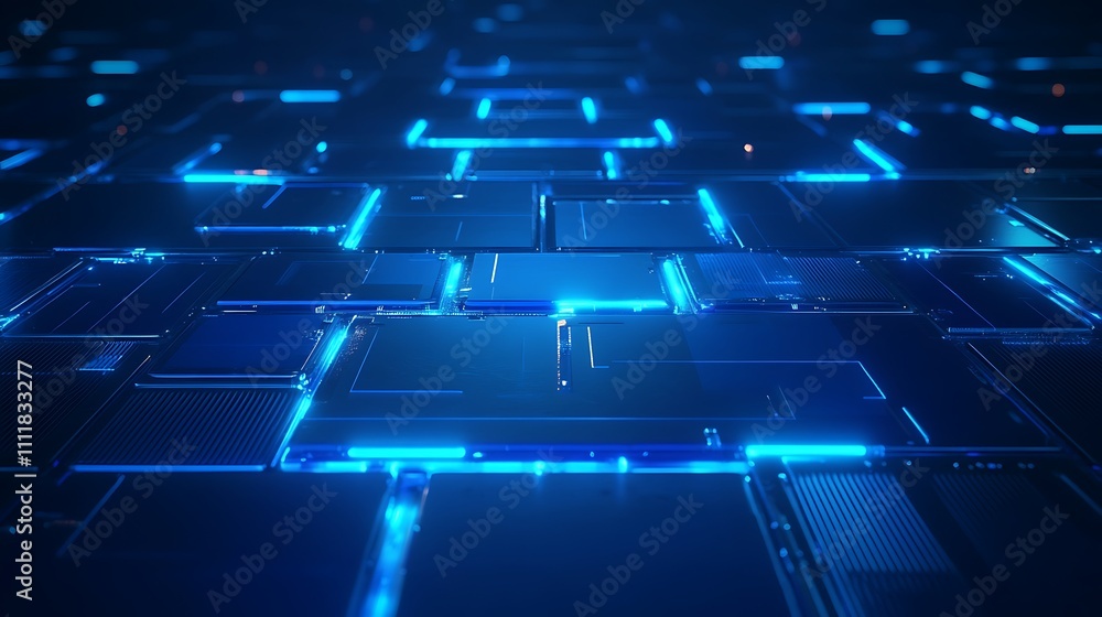 Poster futuristic blue circuit board design with glowing lines and digital elements for technology backgrou