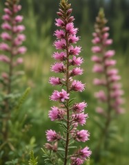 Obraz premium Macro shot of delicate pink heather Calluna vulgaris flowers on a lush green stem in a field, field, pink flowers, meadow