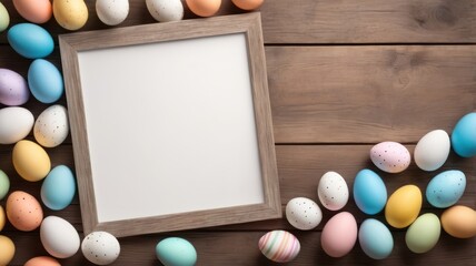 Wooden Easter frame surrounded by colorful eggs