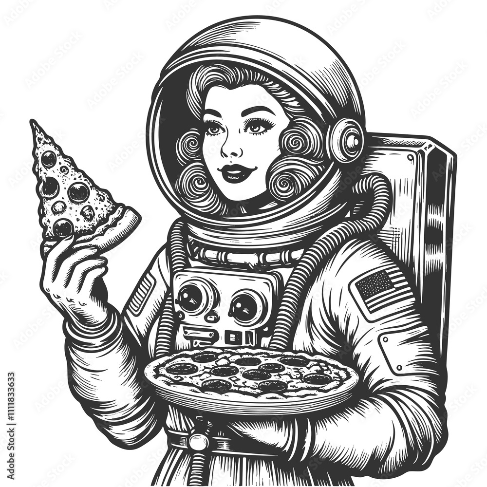 Poster astronaut with slice of pepperoni pizza in space, surrounded by stars in a retro style sketch engrav