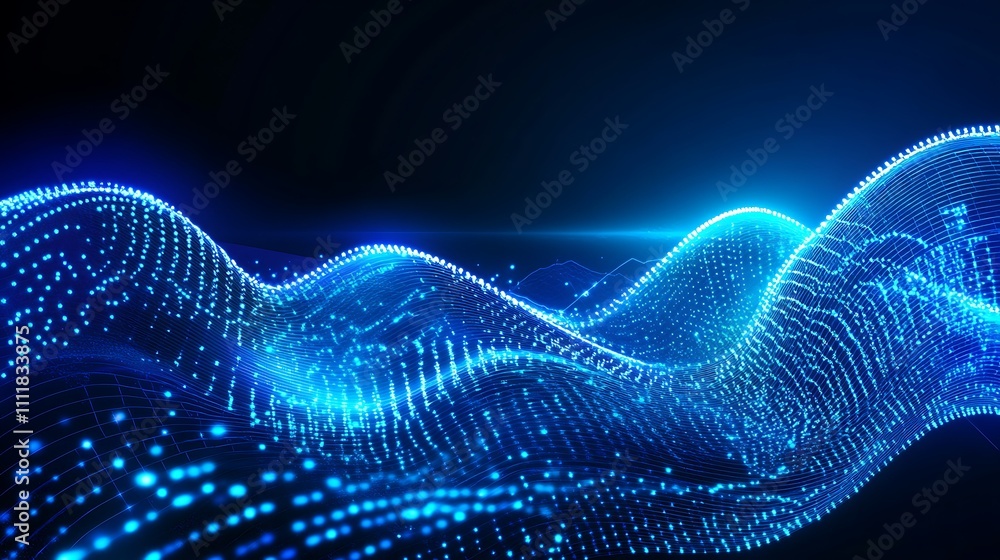 Poster futuristic blue wave patterns with bright glowing dots on a dark background for abstract design and 