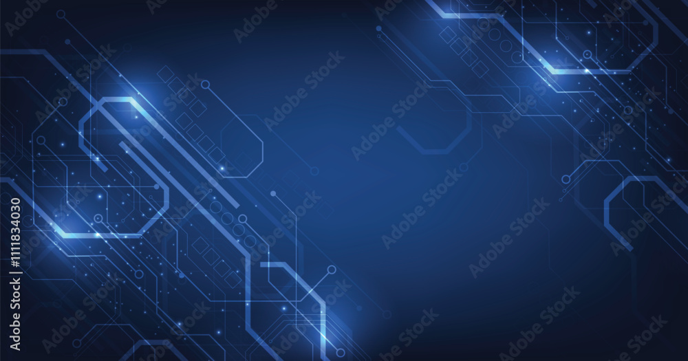 Poster Abstract digital Circuit board blue technology background.Vector abstract technology illustration Circuit board on dark blue background.High-tech circuit board connection system concept.