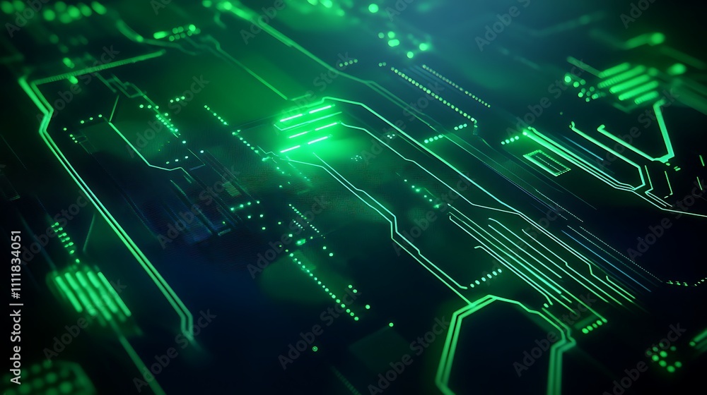 Poster futuristic circuit board with green neon lights and digital patterns for technology background or de
