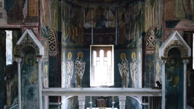 Serbia, Monastery Studenica XII century, Christioan orthodox church interior, frescoes on the wall.