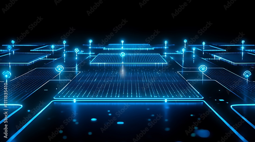 Poster futuristic data network with blue light grid and digital connections in a dark background