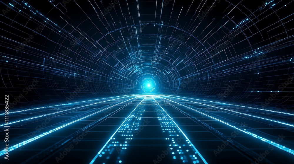 Poster futuristic data stream concept with light rays and circular patterns in a dark space environment