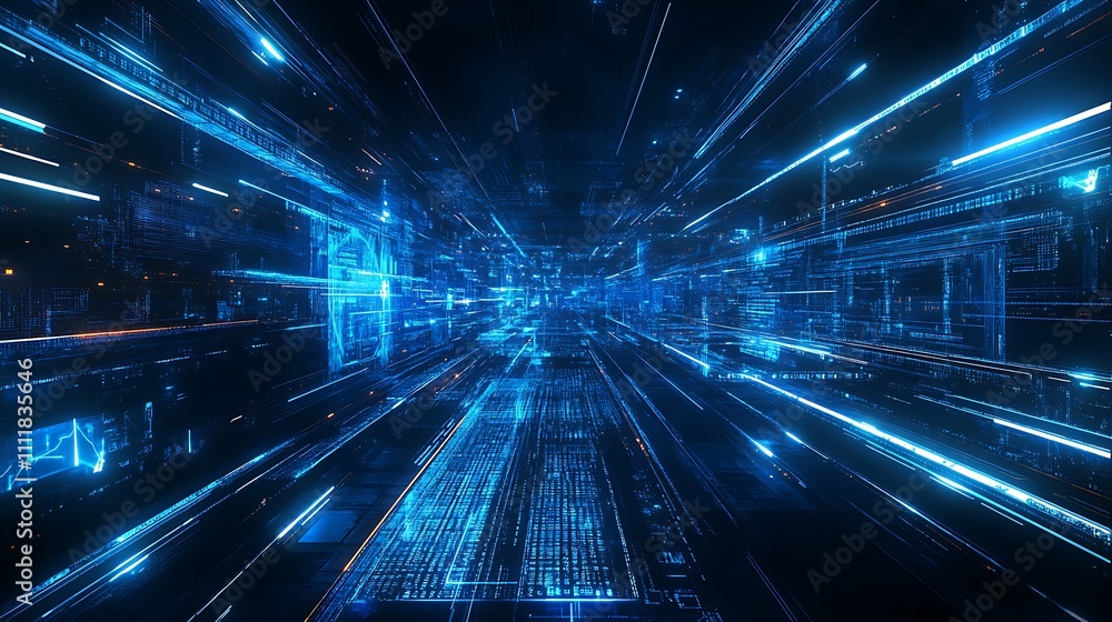 Poster futuristic data visualization with glowing lines and abstract patterns of light in a digital space