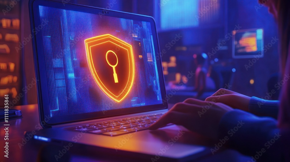 Poster laptop displaying a security shield icon in a digital setting