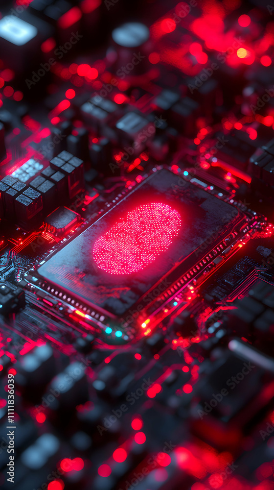 Poster abstract digital fingerprint on circuit board, glowing red biometric data in technology's core