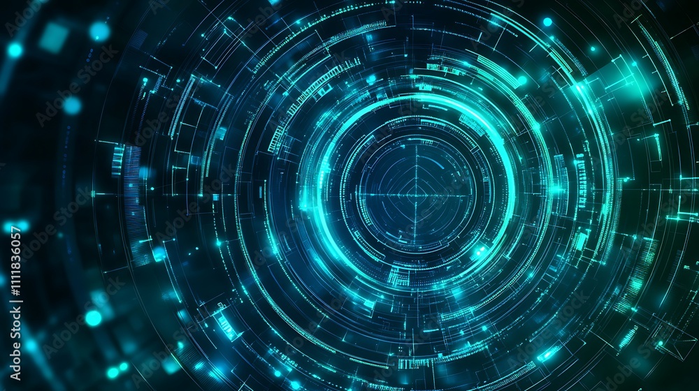 Poster Futuristic Digital Abstract Background with Glowing Circles and Data Streams in Turquoise and Blue Colors