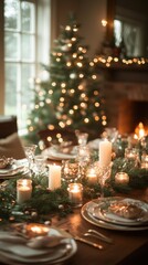 Fototapeta premium Elegant holiday dinner table setting with candles and christmas tree