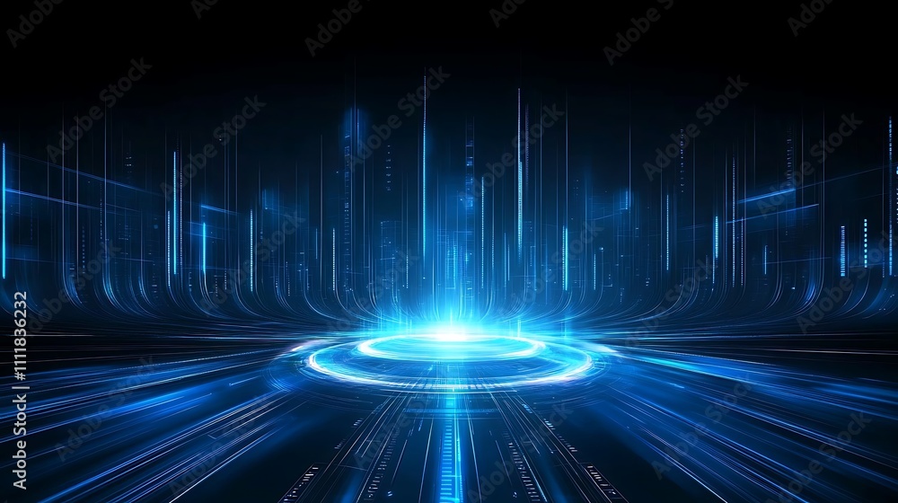 Poster futuristic digital background with blue light and rays in a sci-fi abstract concept for technology t