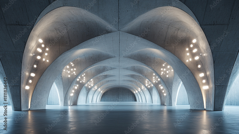 Poster modern concrete architecture features elegant arches and ambient lighting in an expansive space