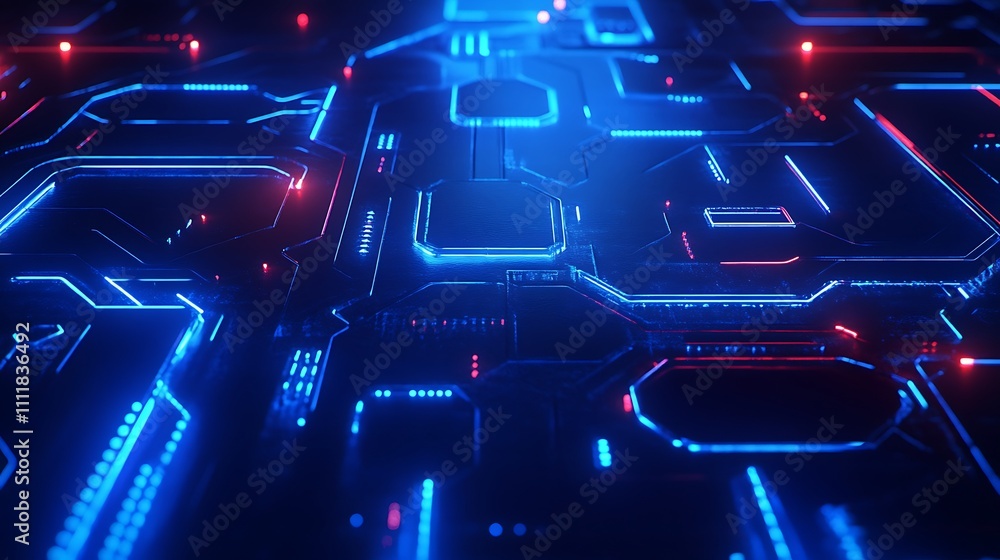 Poster futuristic digital circuit board with glowing blue and red lights in abstract tech background