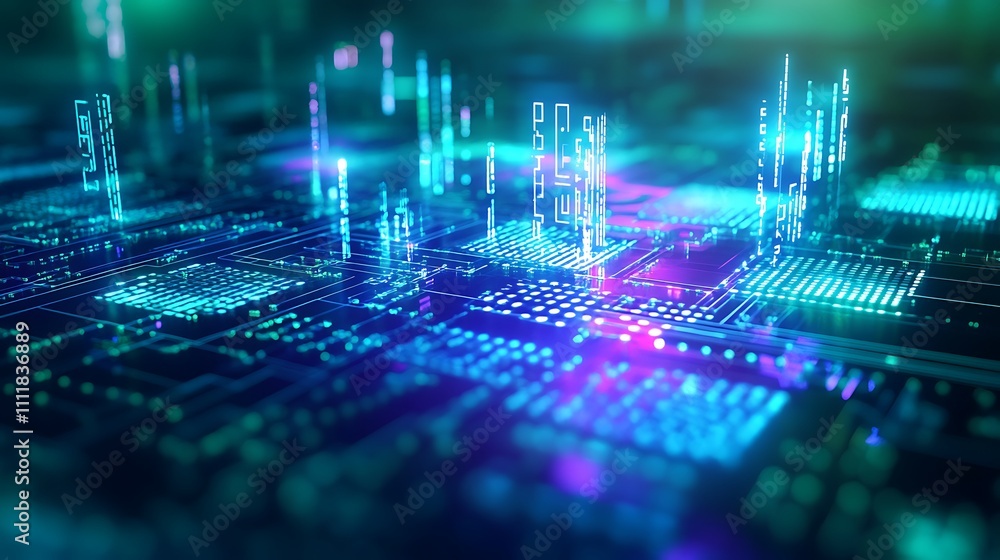 Poster futuristic digital circuit board with vibrant neon lights and data visualization concepts in technol
