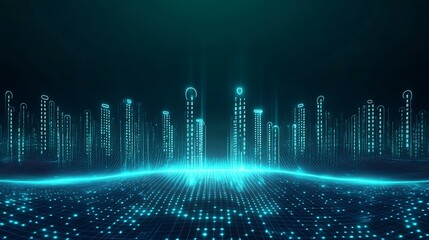 Fototapeta premium Futuristic Digital Cityscape with Glowing Neon Lights and Data Streams on a Dark Background