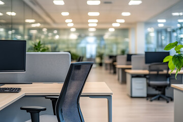 Fototapeta premium Defocused modern business office background, featuring blurred desks and glass partitions, creating a sleek and professional atmosphere