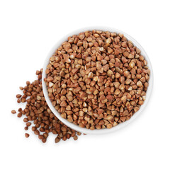 Raw buckwheat in bowl isolated on white, top view