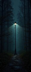 Fototapeta premium The single light pole illuminates a narrow stretch of dark forest path, creating an eerie atmosphere, eerie effect, nighttime scene