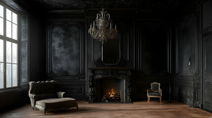 Dark Elegance, Ornate Black Room with Fireplace and Chaise Lounge