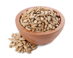 Peeled sunflower seeds in wooden bowl isolated on white