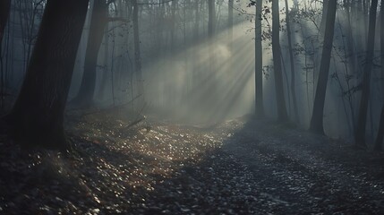 A misty forest at dawn, with sunlight breaking through the fog and casting long shadows.