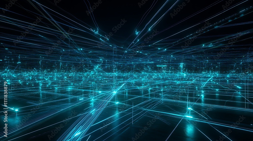 Poster futuristic digital landscape with flowing blue light trails and data streams in abstract cyber envir