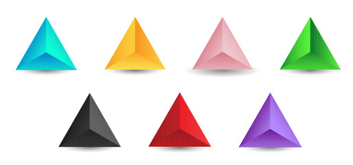 Set of vector tetrahedrons with gradients for game, icon, package design, logo, mobile, ui, web. One of regular polyhedra isolated on white background. Minimalist style. Platonic solid.