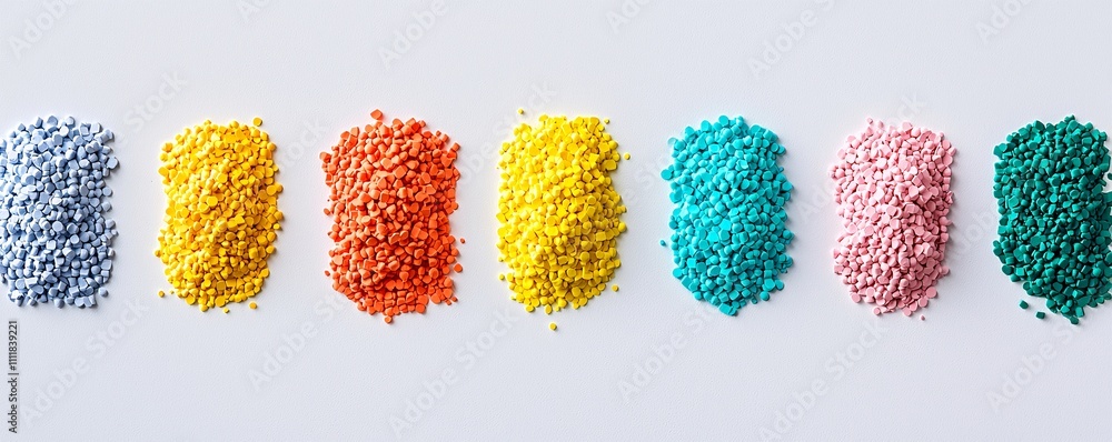 Aufkleber polymer granules in various colors, displayed in organized rows on a clean white surface, emphasizin