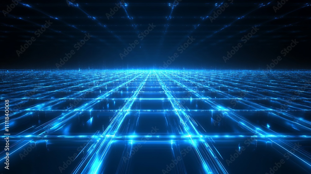 Poster futuristic digital landscape with glowing neon grids and illuminated data points in a dark environme