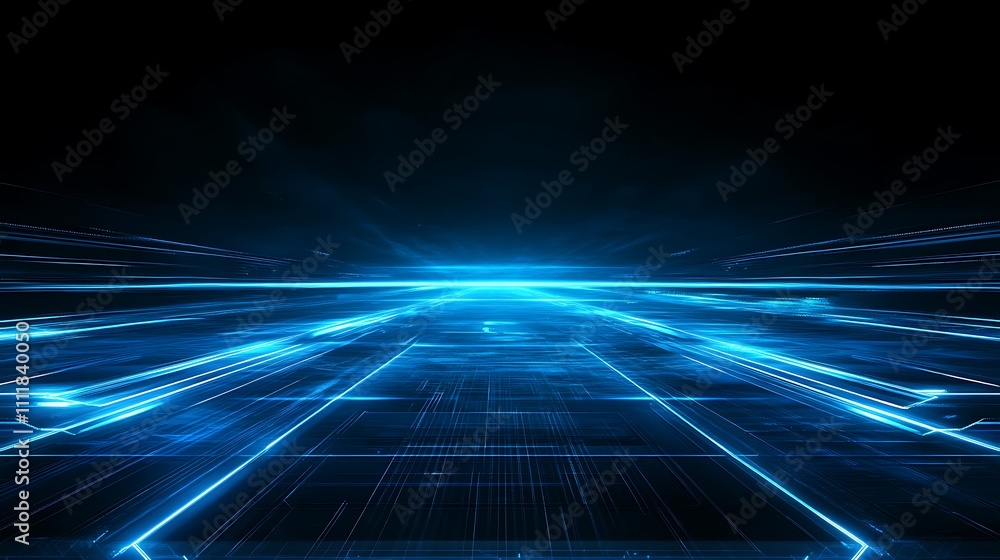 Poster futuristic digital landscape with glowing lines and light trails in a dark environment for technolog