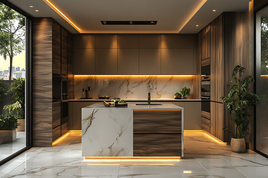A stunning modern kitchen with dusty pistachio and khaki cabinetry paired with sleek wooden facades. The large-format ceramic granite flooring adds elegance, while subtle black accents 
