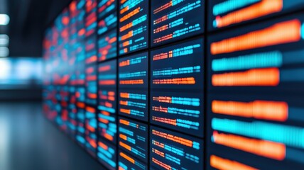 Investing in Emerging Markets concept. Digital display panels showing data trends and statistics in vibrant colors.