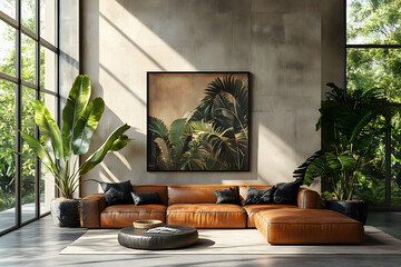 Fototapeta premium Sunlit Tropical Living Room with Leather Sectional Sofa and Palm Print