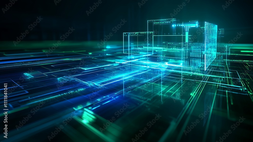 Poster futuristic digital landscape with neon light effects and abstract data structures for technology con