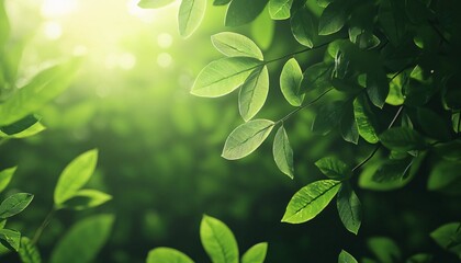 Close-up of lush green leaves with sunlight filtering through, creating a serene natural atmosphere.