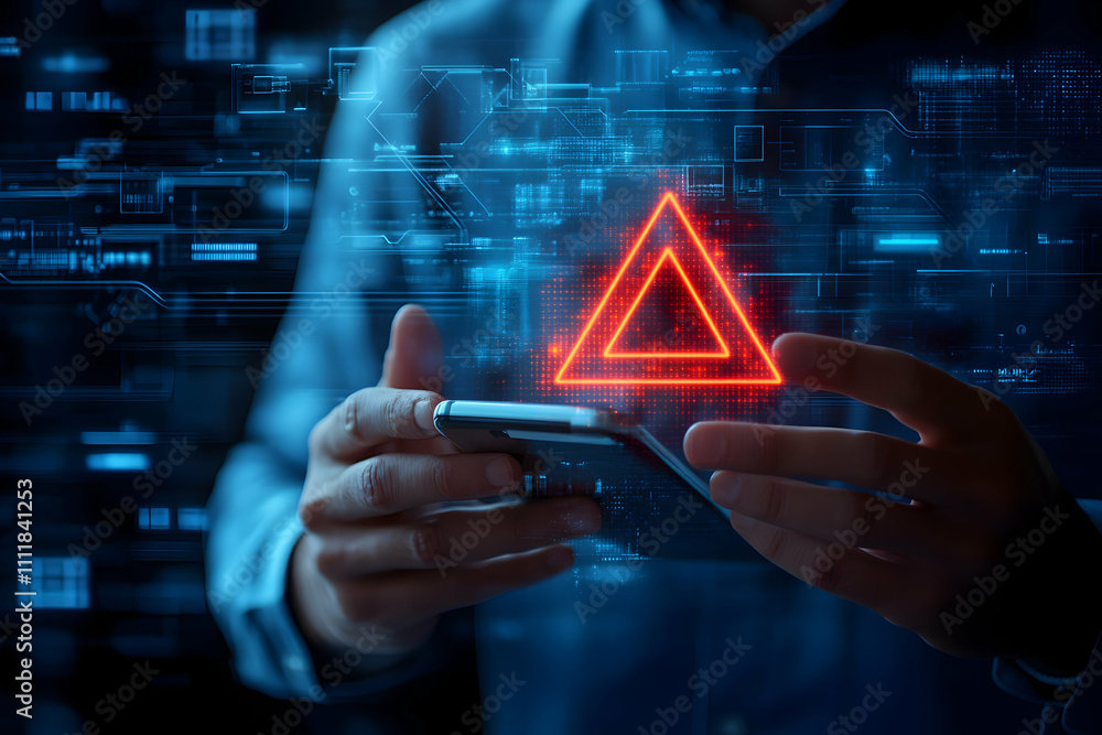 Poster digital warning, person using smartphone with glowing red alert triangle, cyber security risk, data 