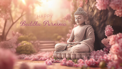 Buddha in Lotus Pose Surrounded by Flowers for Buddha Purnima