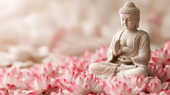 Buddha in Lotus Position Surrounded by Pink Flowers for Buddha Purnima