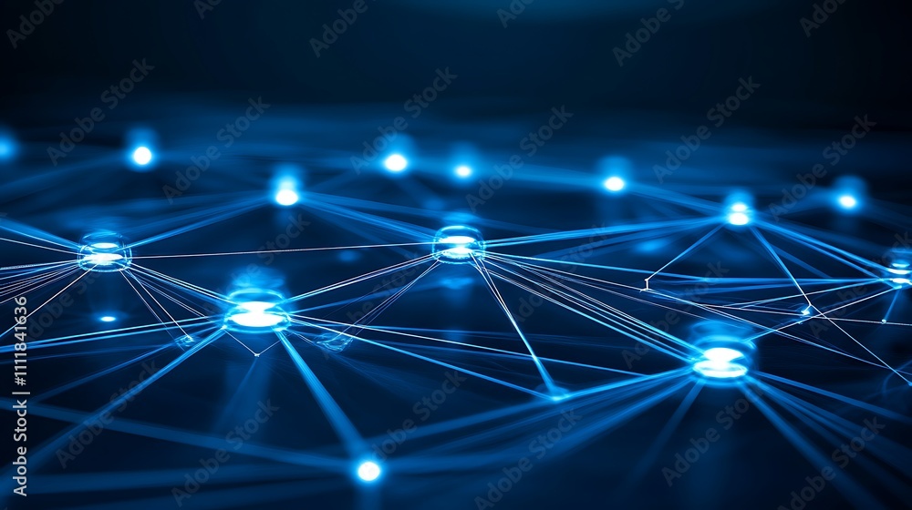 Poster futuristic digital network connection with glowing nodes and lines on dark background for technology