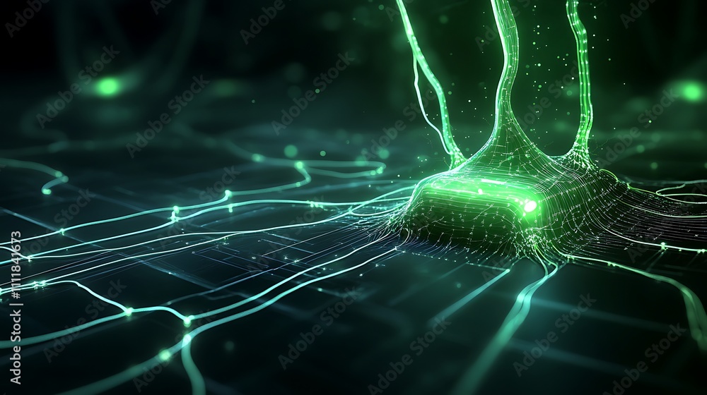 Aufkleber futuristic digital network structure with neon green lines and nodes representing data flow and conn