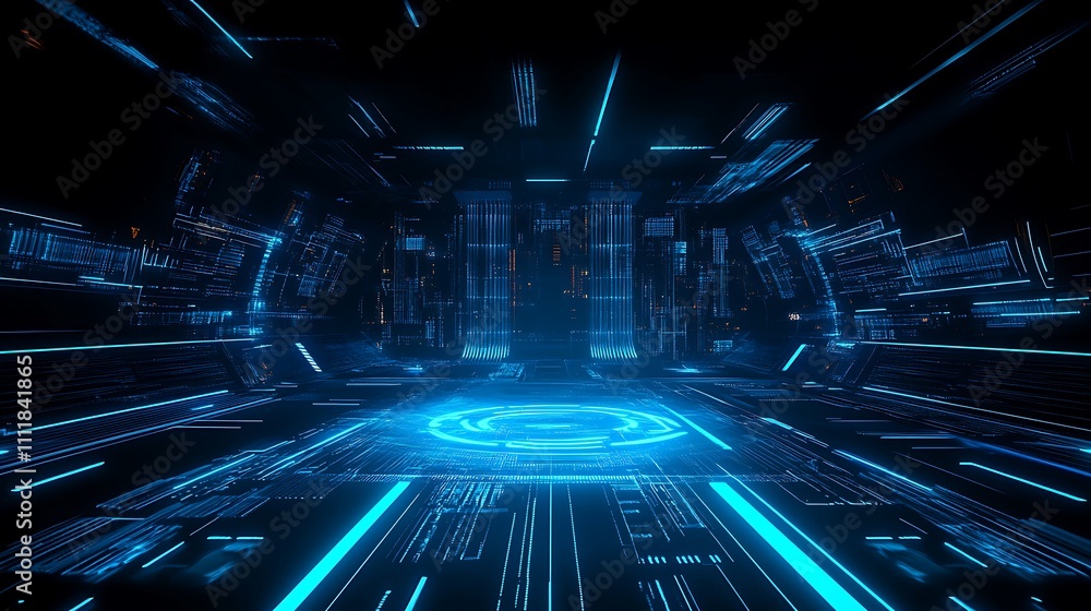 Aufkleber futuristic digital space with glowing blue lines and high-tech patterns in a dark environment