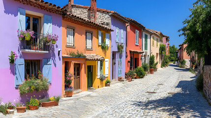 Obraz premium Vibrant Colorful Houses Line a Charming Cobblestone Street