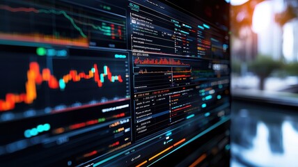 Obraz premium Investing in Emerging Markets concept. Data visualization on a digital screen with graphs and metrics.
