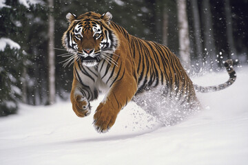 Obraz premium Tiger running in snow.