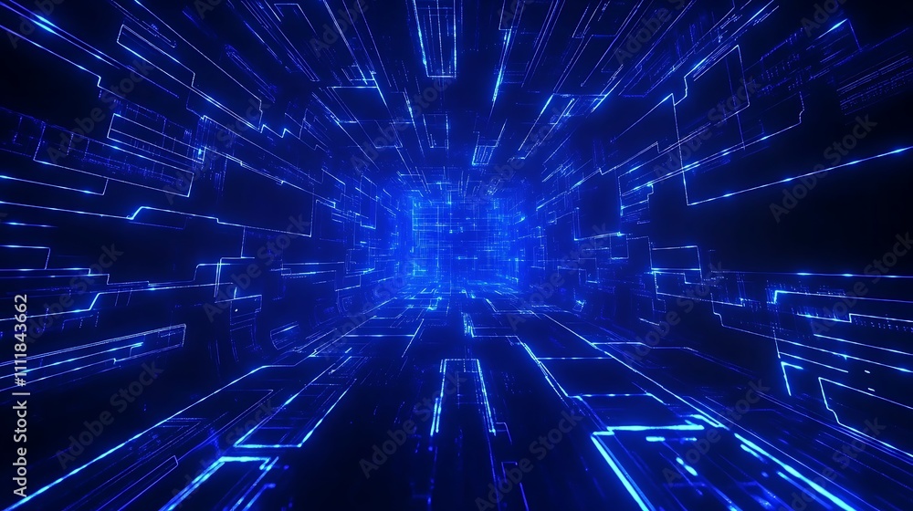 Poster futuristic digital tunnel with neon blue lights and circuit patterns in a virtual environment