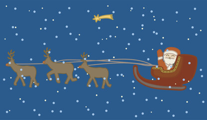 santa with reindeers on the sky giving presents during christmas night vector illustration